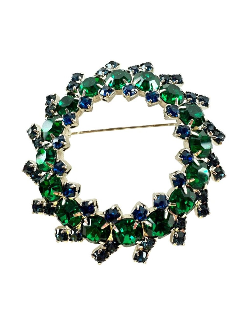 Vintage Silver Tone Blue & Green Rhinestone Wreath